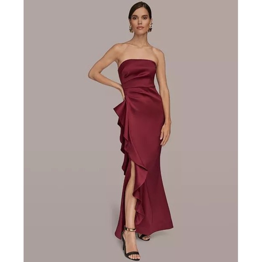Donna Karan New York Strapless Ruffle Slit Gown Burgundy KA5BD2Q9 Size 8 NEW
